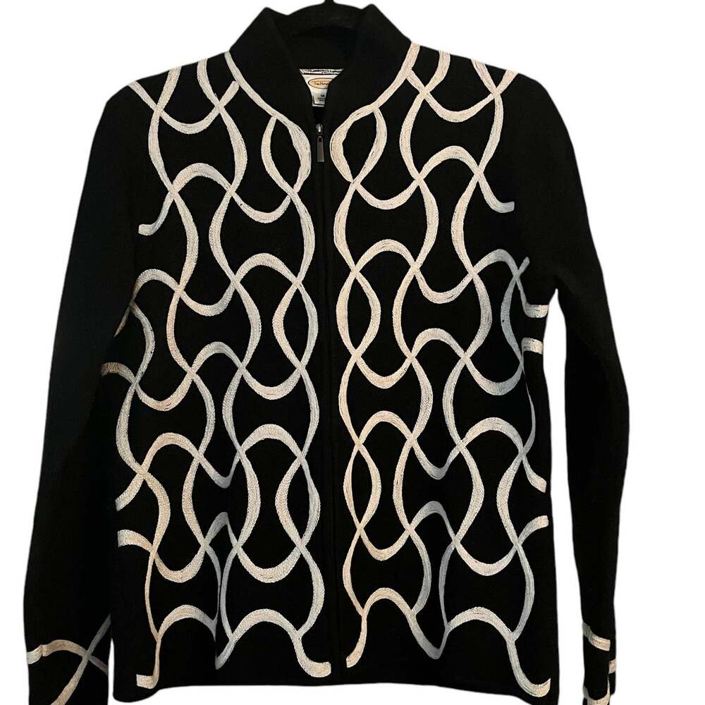 Talbots Wool Full Zip Sweater Jacket Black M Embroidered Elegant Classic Warm